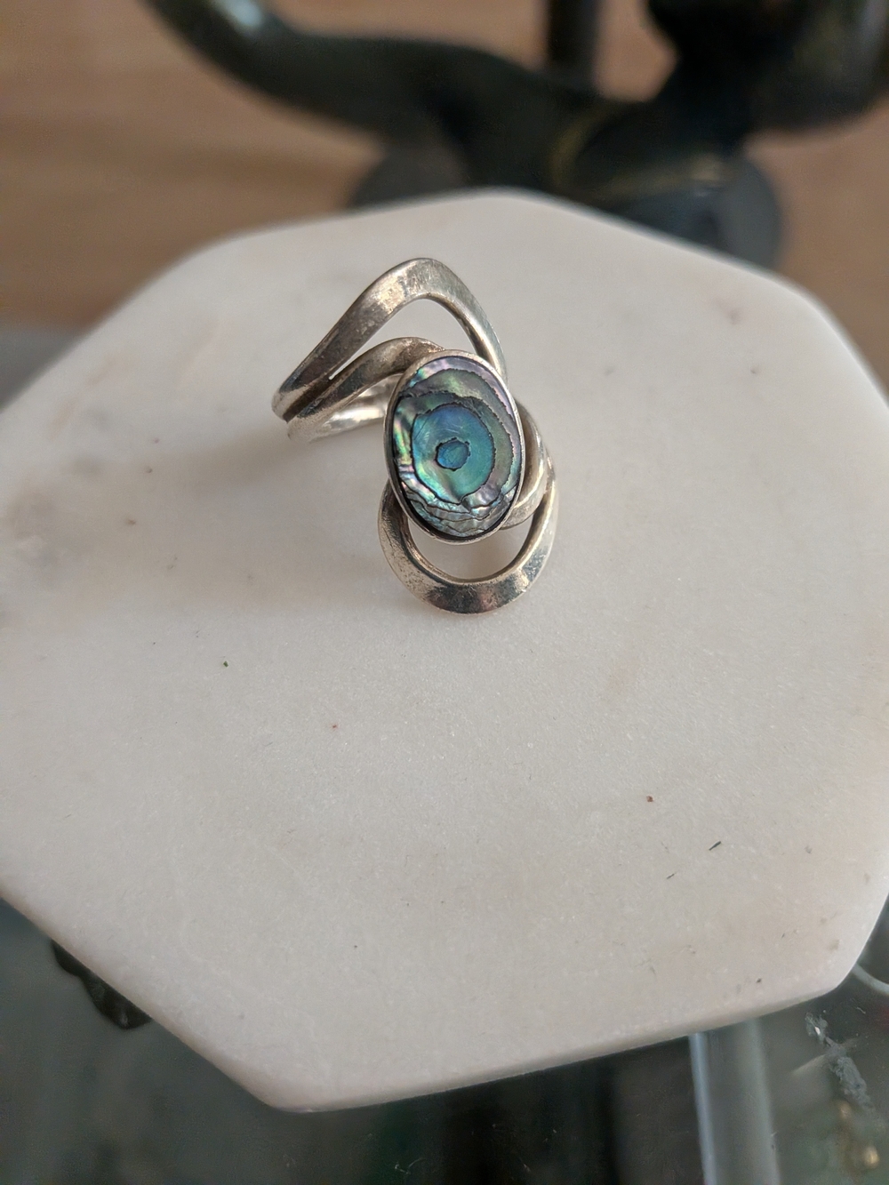 Vintage Sterling Silver Abalone Spiral Ring - Iridescent Blue-Green